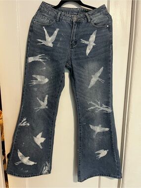 Custom sparrow bird print wide leg jeans Women’s